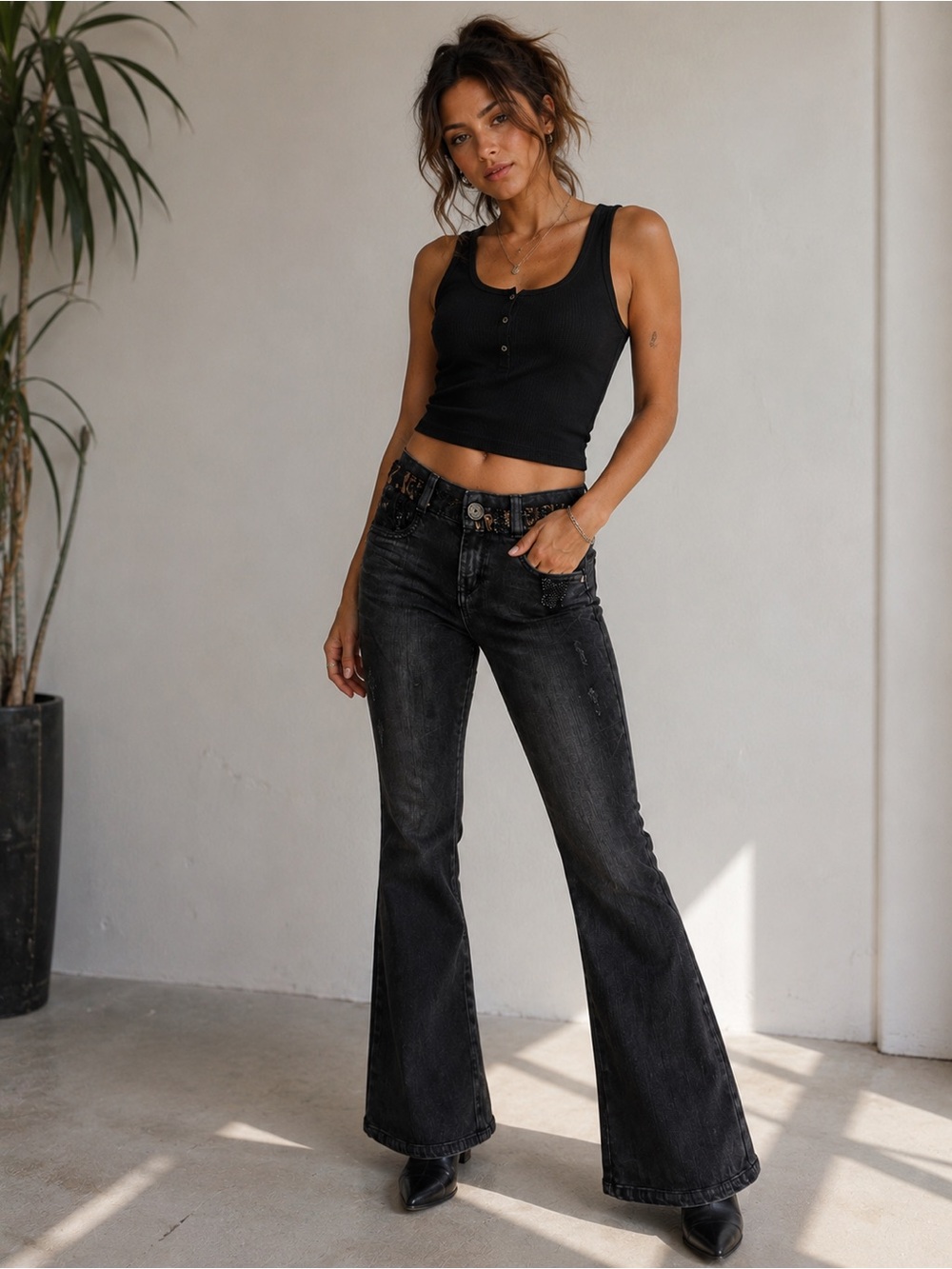 Vintage Y2K Black Faux Fur Waistband Flare Jeans | Korean Denim 25